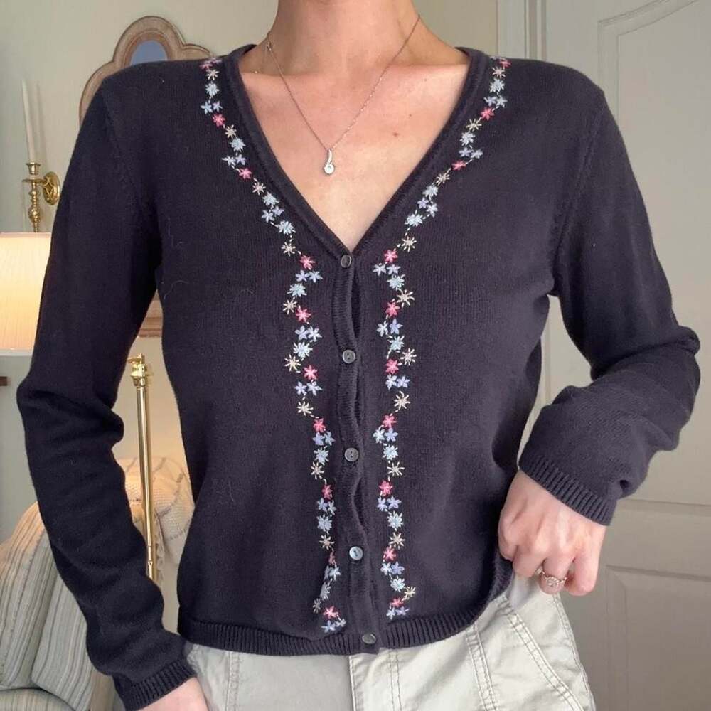 Ann Taylor Floral Embroidered V-Neck Cardigan Navy Blue